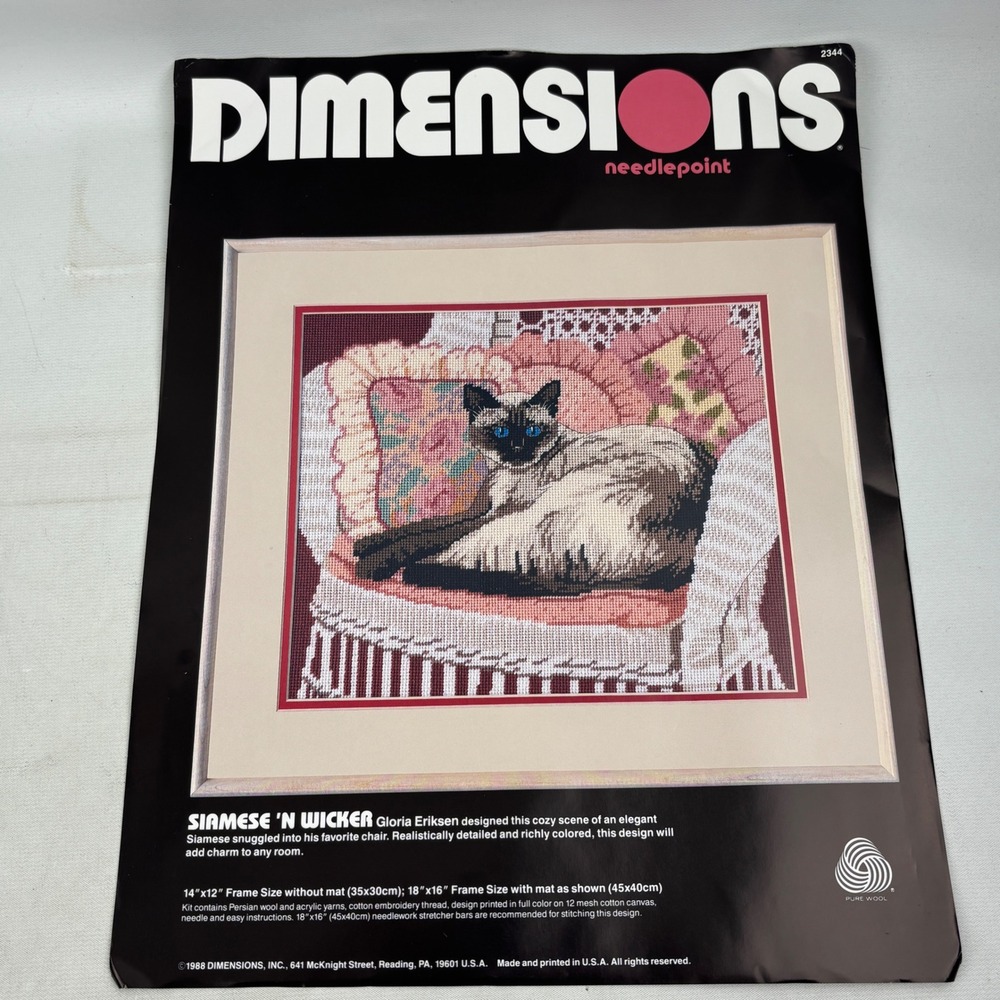 Dimensions Siamese n Wicker Needlepoint Kit 2344 Gloria Eriksen Cat 1988 Vintage